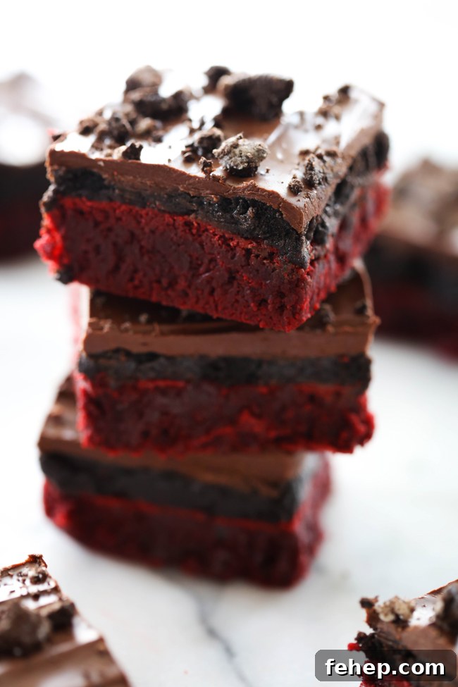 Red Velvet Oreo Truffle Brownies Recipe for Decadent Dessert 2 Red Velvet Oreo Truffle Brownies - three layers of red velvet brownie, Oreo truffle and chocolate