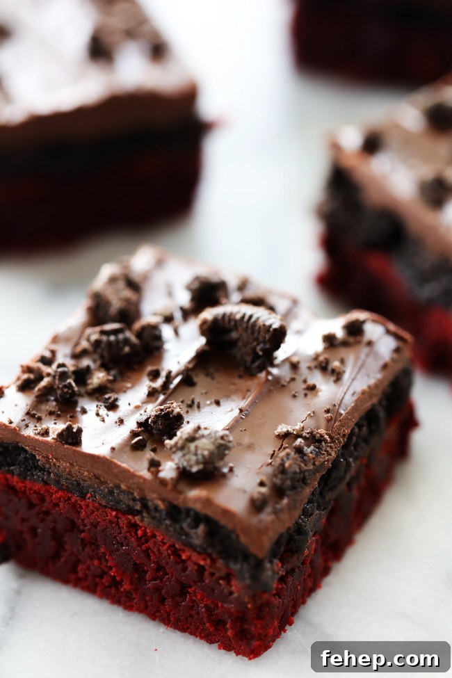 Red Velvet Oreo Truffle Brownies Recipe for Decadent Dessert 3 Close-up of Red Velvet Oreo Truffle Brownies showing layers