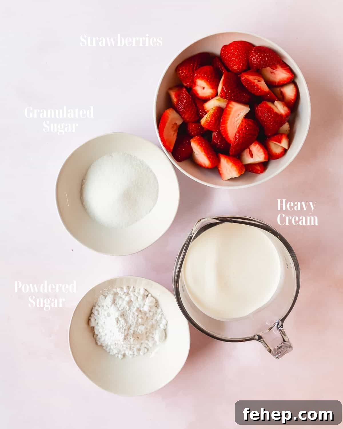 Silky Strawberry Mousse Recipe for Summer Desserts 3 Ingredients: Gather strawberries, granulated sugar, heavy cream and powdered sugar.
