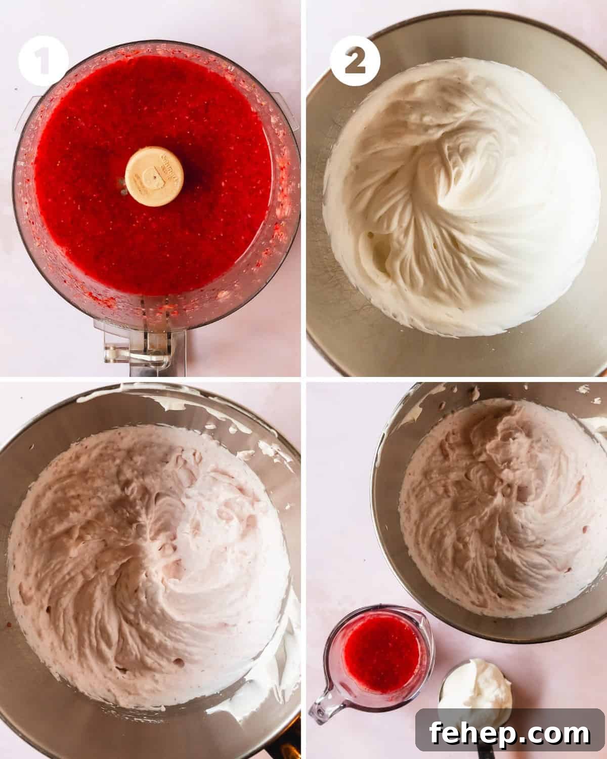 Silky Strawberry Mousse Recipe for Summer Desserts 5 Place ¾ pound of fresh, cleaned and de-stemmed strawberries, along with ¼ cup sugar into a food processor or blender. Pulse the strawberries and sugar to combine. Then process the berries into a puree consistency. If you would like a smooth strawberry puree, press the pureed strawberries through a mesh strainer. If you prefer to keep the seeds, skip this step. Reserve ½ cup of the fresh strawberry puree for spooning into the serving cups. You should also have about ¼ cup or 4 whole strawberries set aside to top the cups for serving.
Add the heavy cream and powdered sugar to a mixing bowl fitted with a whisk attachment. Combine the ingredients on low for 1 minute. Increase the speed of the mixer to medium speed. Mix for about 4 - 5 more minutes or until the cream has whipped to medium stiff peaks. Scoop out ½ cup of the whipped cream and set aside. This is for the optional whipped cream topping. With the mixer on low, add in the strawberry puree (not the ½ cup reserved for spooning into the serving cups). Mix on low to combine, then increase the speed to medium. Mix the strawberry puree and heavy cream to medium stuff peaks. You should now have reserved strawberry puree, reserved whipped cream and strawberry mousse.