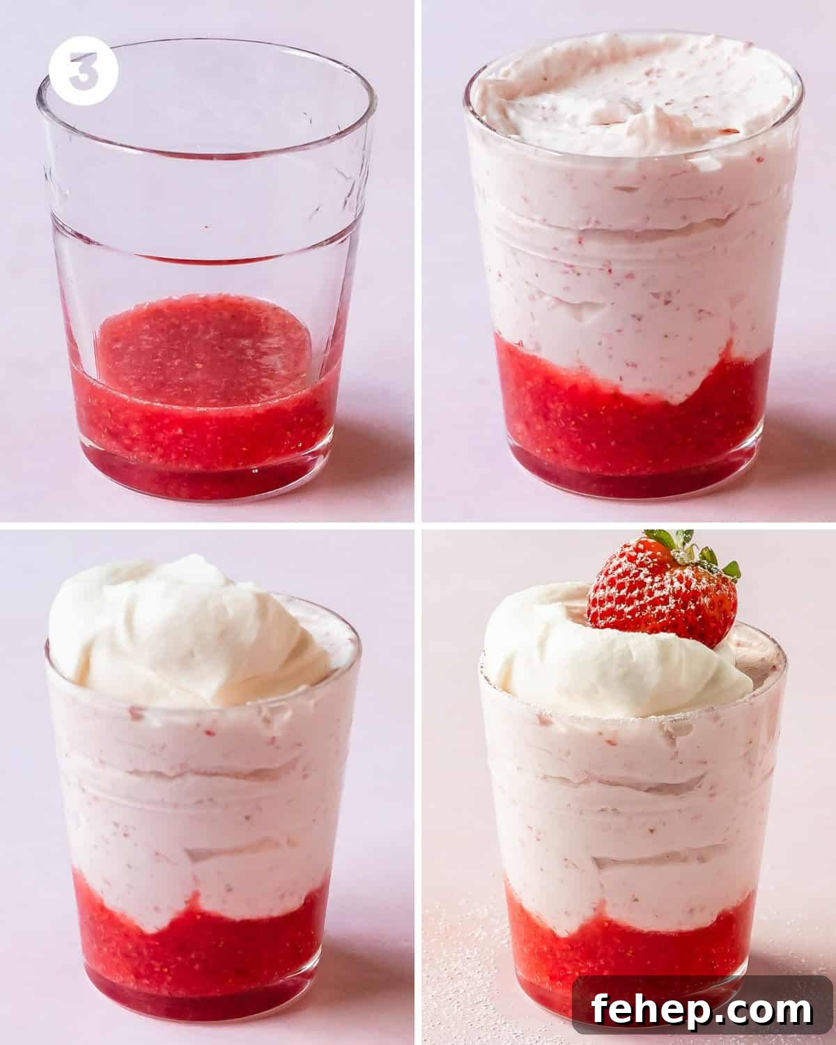 Silky Strawberry Mousse Recipe for Summer Desserts 6 To assemble the strawberry mousse dessert, grab (4) 6 - 8 oz. glasses. Add 2 tablespoons of reserved strawberry puree to the bottom of each cup. Top the strawberry puree with the strawberry mousse. There should be enough to fill the cups almost to the top. Top the strawberry mousse with the reserved whipped cream and a whole strawberry. Loosely cover the top of the cups with plastic wrap. Transfer the strawberry dessert cups to the fridge to set first least 1 - 2 hours and up to overnight. Right before serving, lightly dust the tops of the cups with powdered sugar and enjoy.
