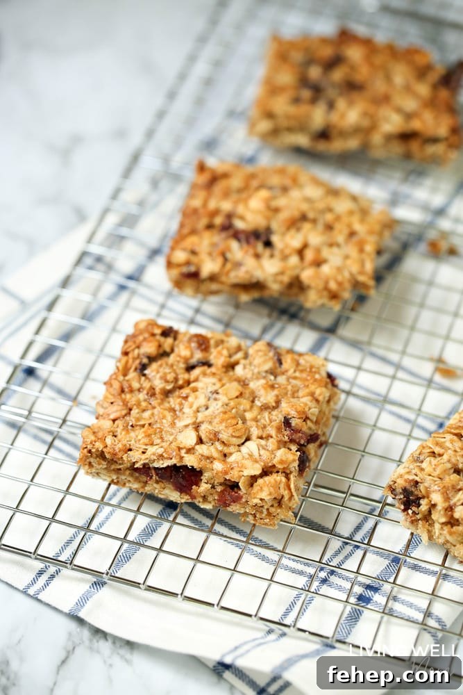 Cranberry Granola Bar Squares are a nutritious, moist, chewy granola bar square filled with oats, crispy rice, and dried cranberries. This is an easy, delicious, gluten-free and dairy-free snack recipe kids love!