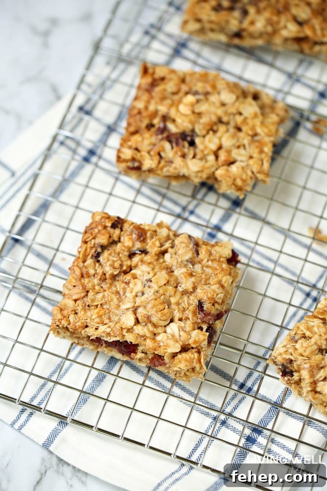 Cranberry Granola Bar Squares are a nutritious, moist, chewy granola bar square filled with oats, crispy rice, and dried cranberries. This is an easy, delicious, gluten-free and dairy-free snack recipe kids love!