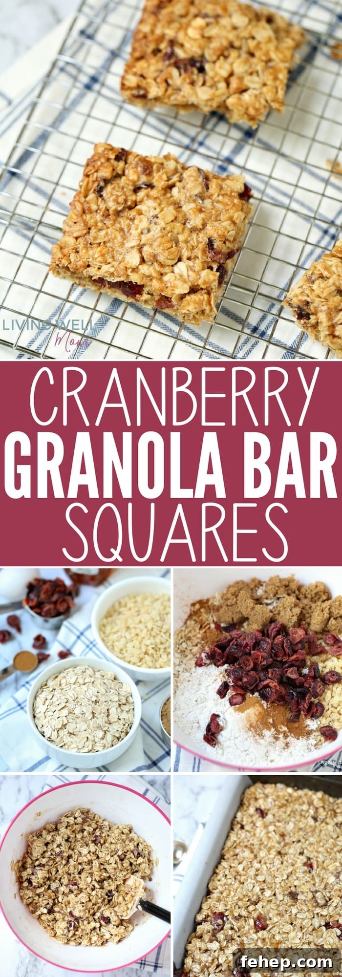 Cranberry Granola Bar Squares are a nutritious, moist, chewy granola bar square filled with oats, crispy rice, and dried cranberries. This is an easy, delicious, gluten-free and dairy-free snack recipe kids love!