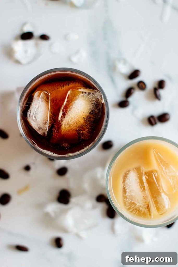 Cold Brew Coffee Concentrate: Ratios, Methods, and Pro Tips 3 two cups of cold brew, one with it pure, one with it mixed with ice, seen from above
