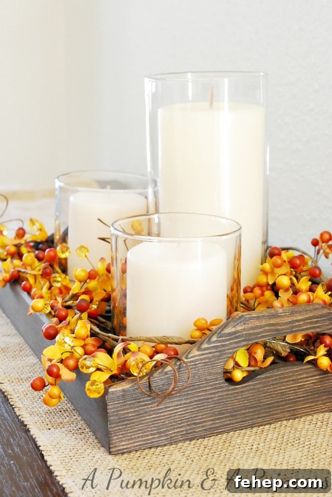 Wood tray with candles centerpiece