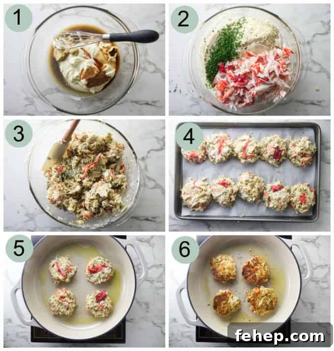 Alaskan King Crab Cakes Recipe: Crispy Pan-Seared Delight 4 Process photos showing how to make crab cakes with King crab.
