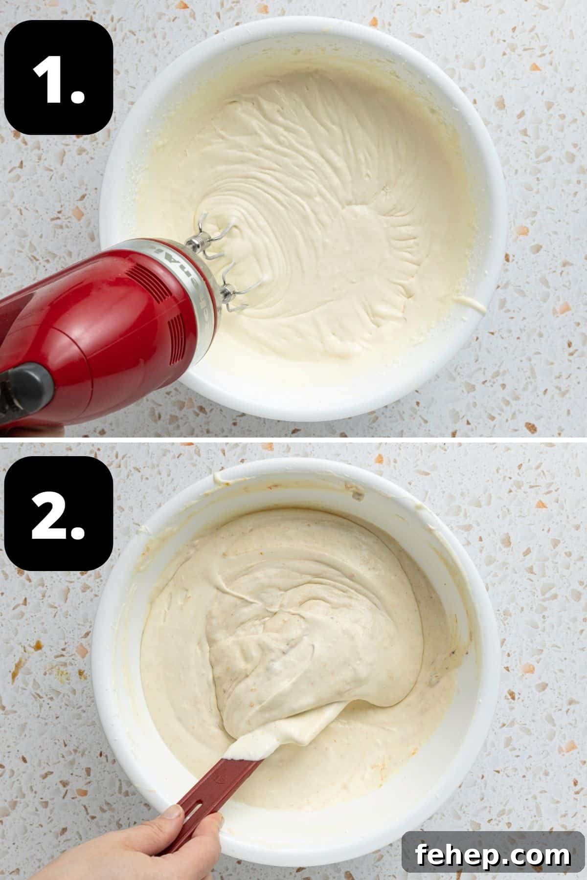 Steps 1-2 of preparing this recipe: whipping the cream and condensed milk and folding in the other ingredients.