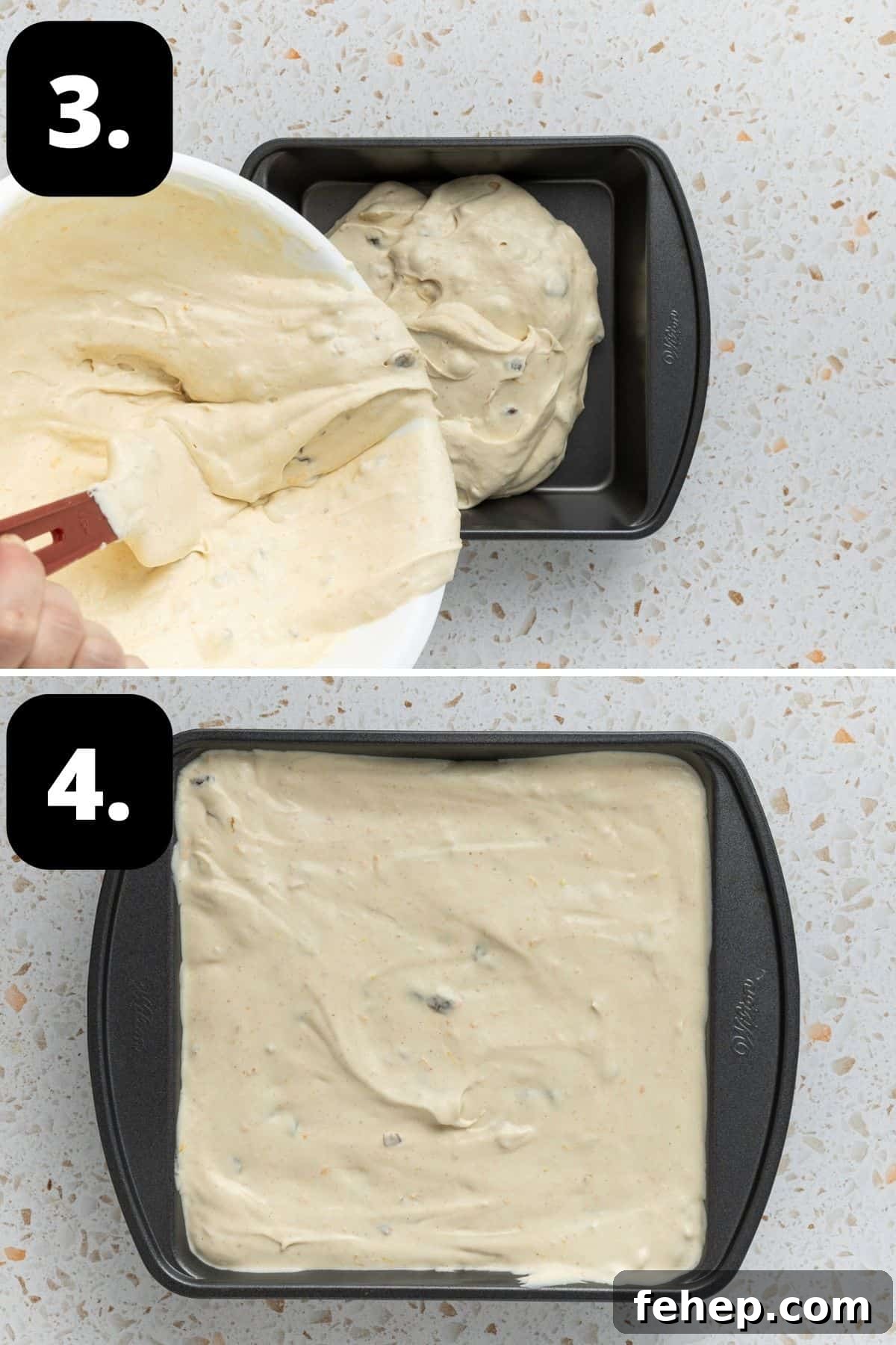 Steps 3-4 of preparing this recipe: adding the mixture to a tin and smoothing out the top, ready to be frozen.