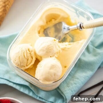 Plastic container of ice cream, with some serves scooped out, with some ice cream cones and a bowl of strawberries on the edge.