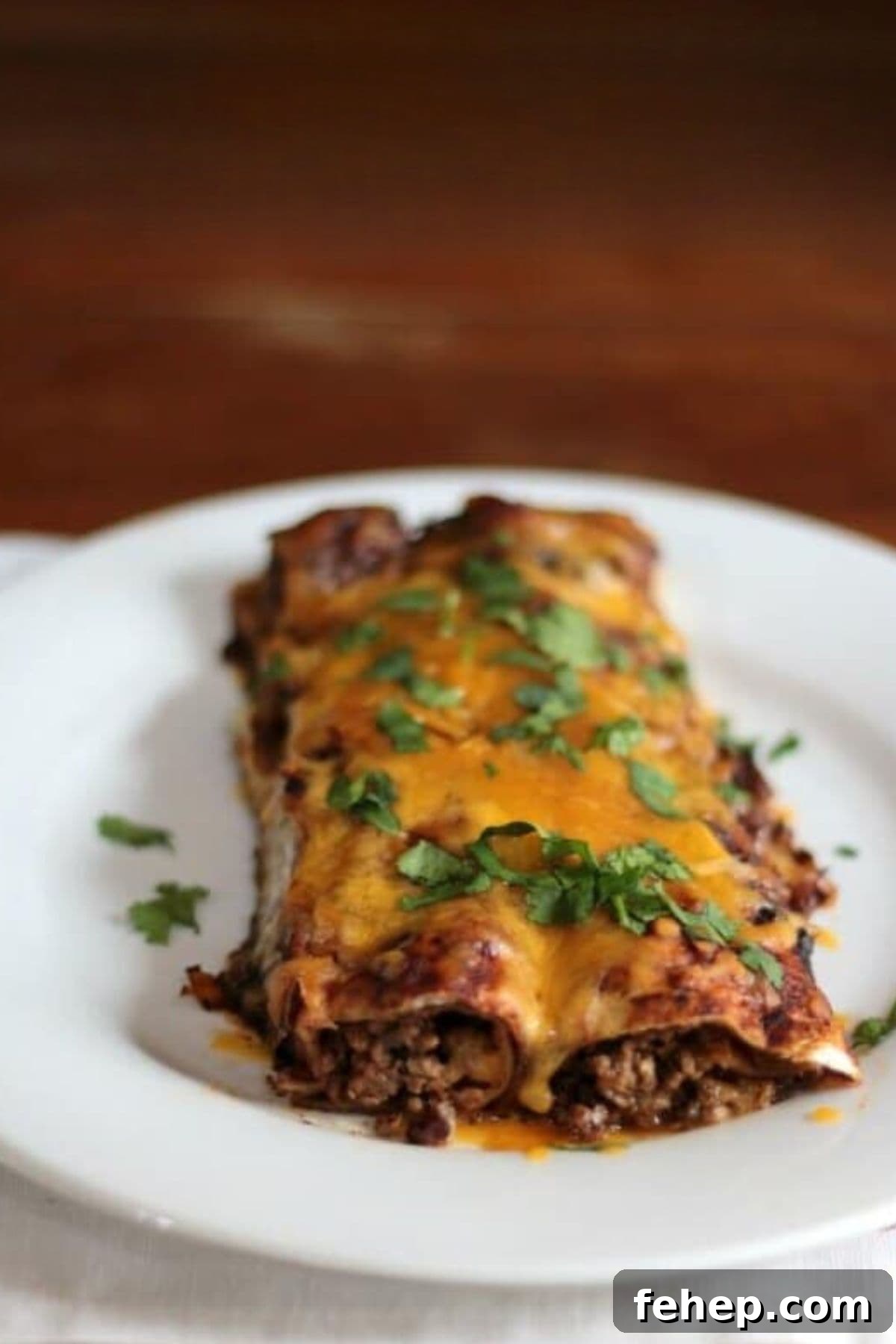 Beef enchiladas on a white plate.