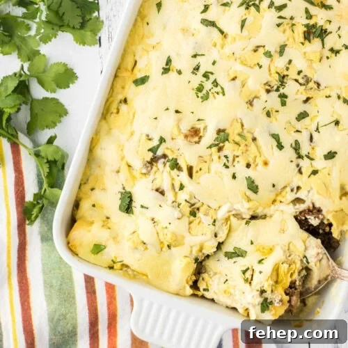 Overhead view of green chile enchiladas in a casserole dish.