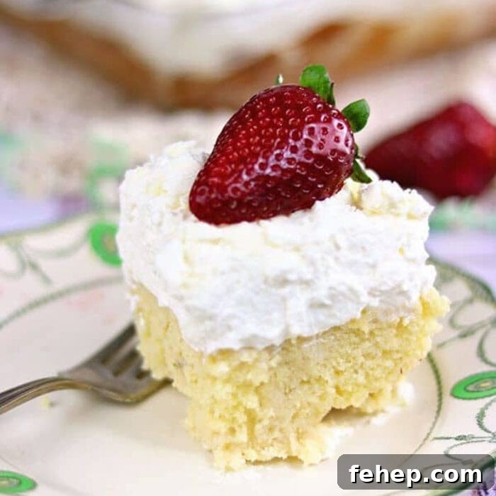 Square of yellow cake with a thick layer of cream on top.