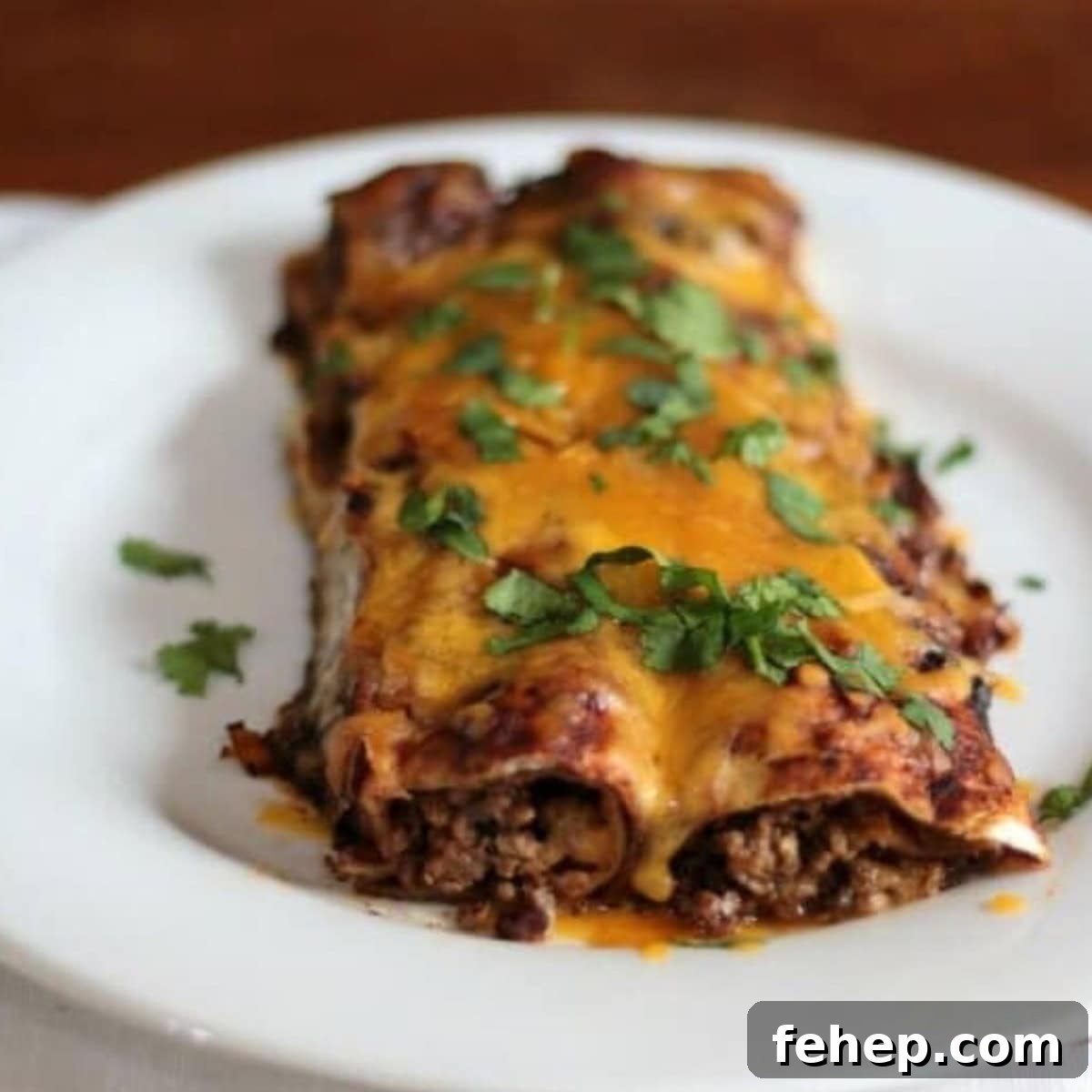 Closeup of beef enchiladas on a white plate.