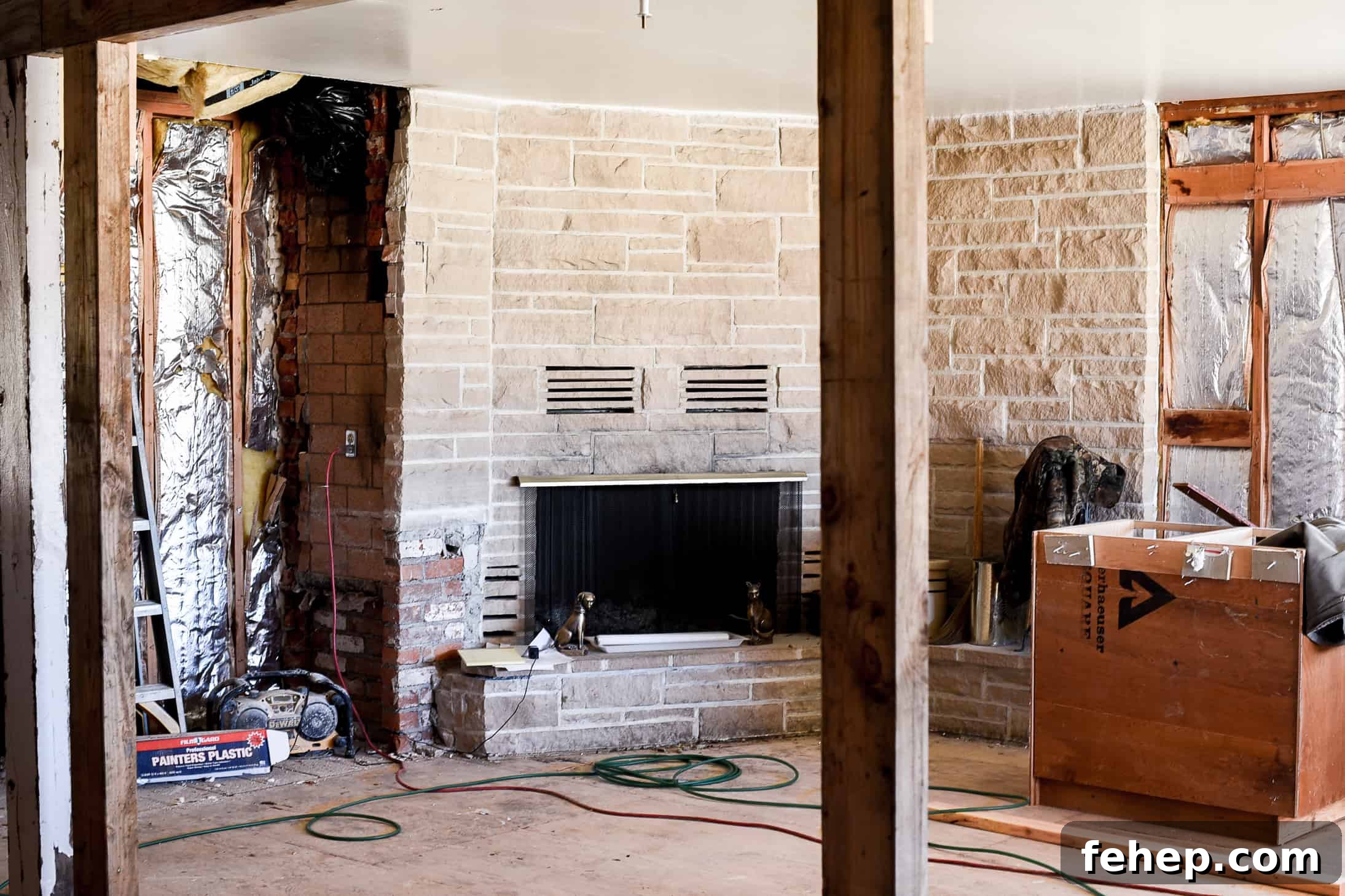 Stone Veneer Fireplace Renovation: Step-by-Step Transformation 5 fireplace during renovation