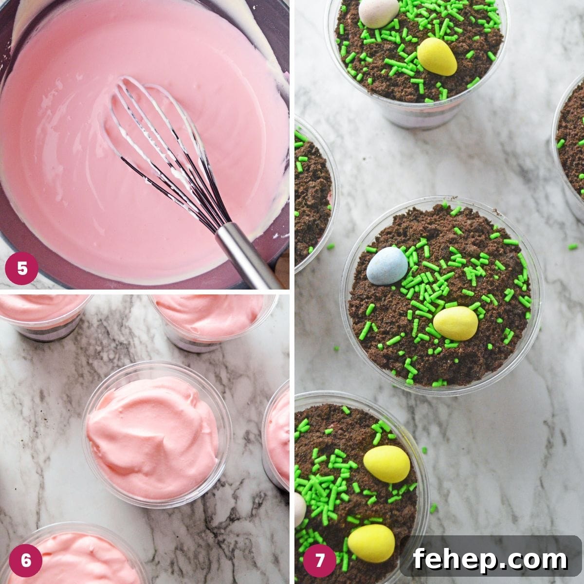 Easter Dirt Cups Dessert Recipe — Fun No-Bake Treats for Kids 5 Collage of 3 images showing how to make Easter themed dirt cups