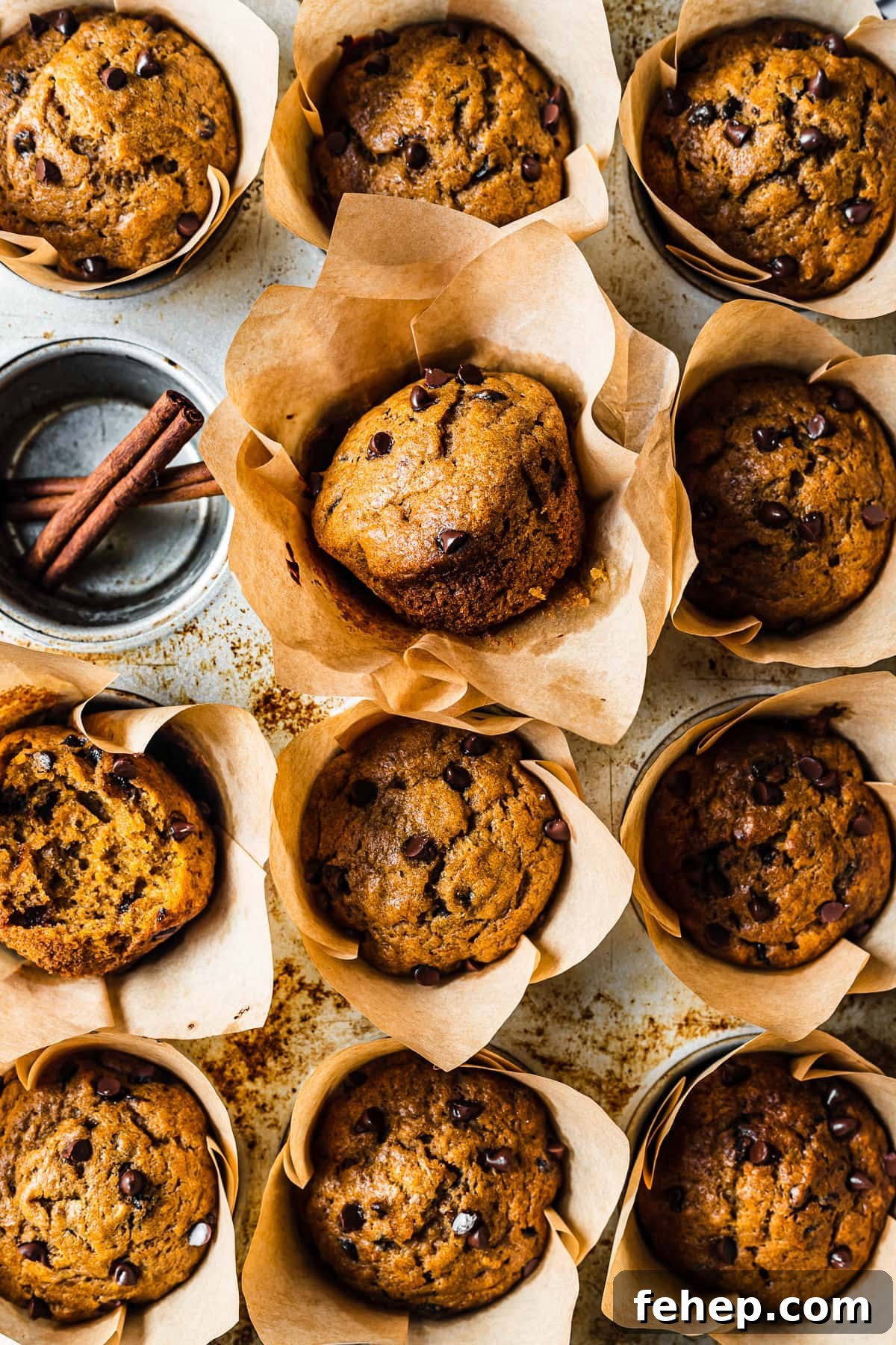 Baked muffins in brown parchment liners in a muffin tin. One cavity is empty and holds two cinnamon sticks.