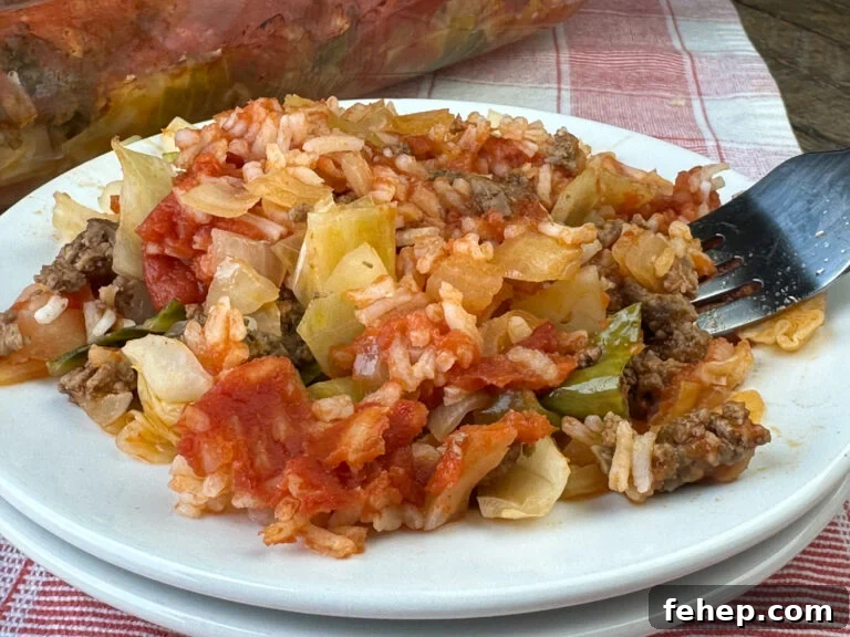 White plate of warm and flavorful hamburger and cabbage casserole with a fork ready to take a bit on a red and white napkin.