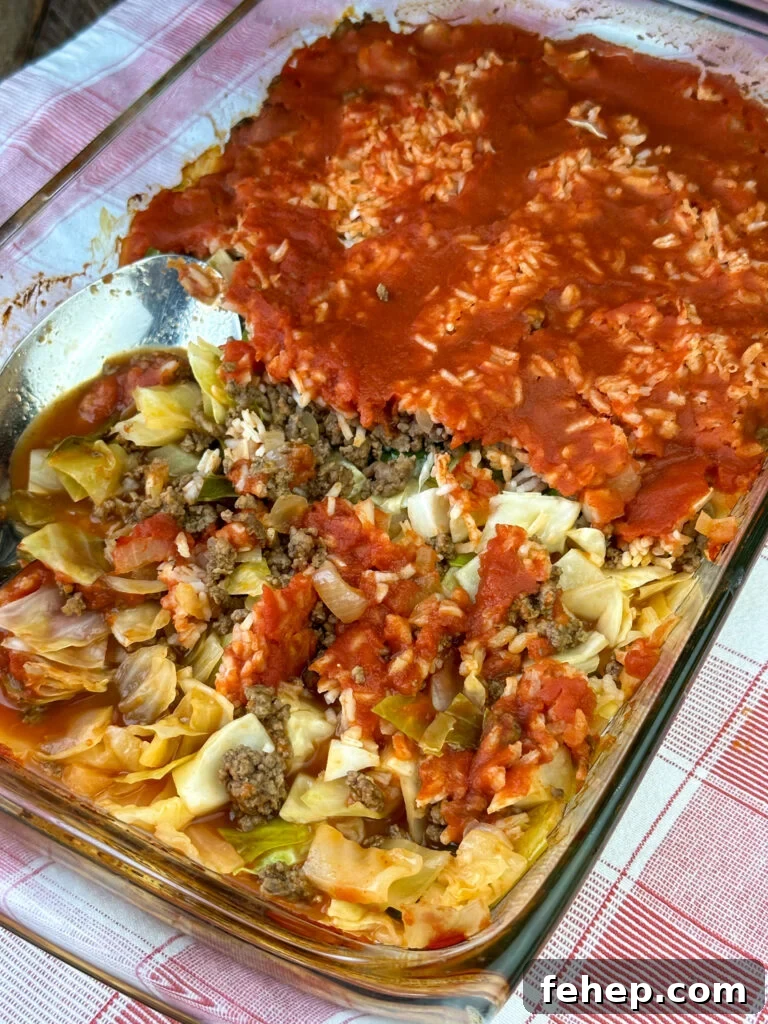 Overhead view of layered cabbage and hamburger casserole in a 9 x 13 pan on a red and white plaid napkin.