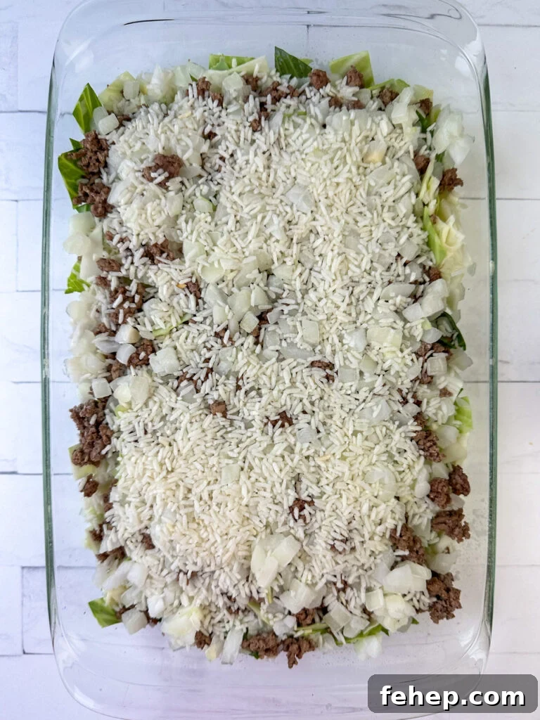 Uncooked minute rice spread over hamburger and onion layer of a cabbage casserole in a glass dish on a white counter.