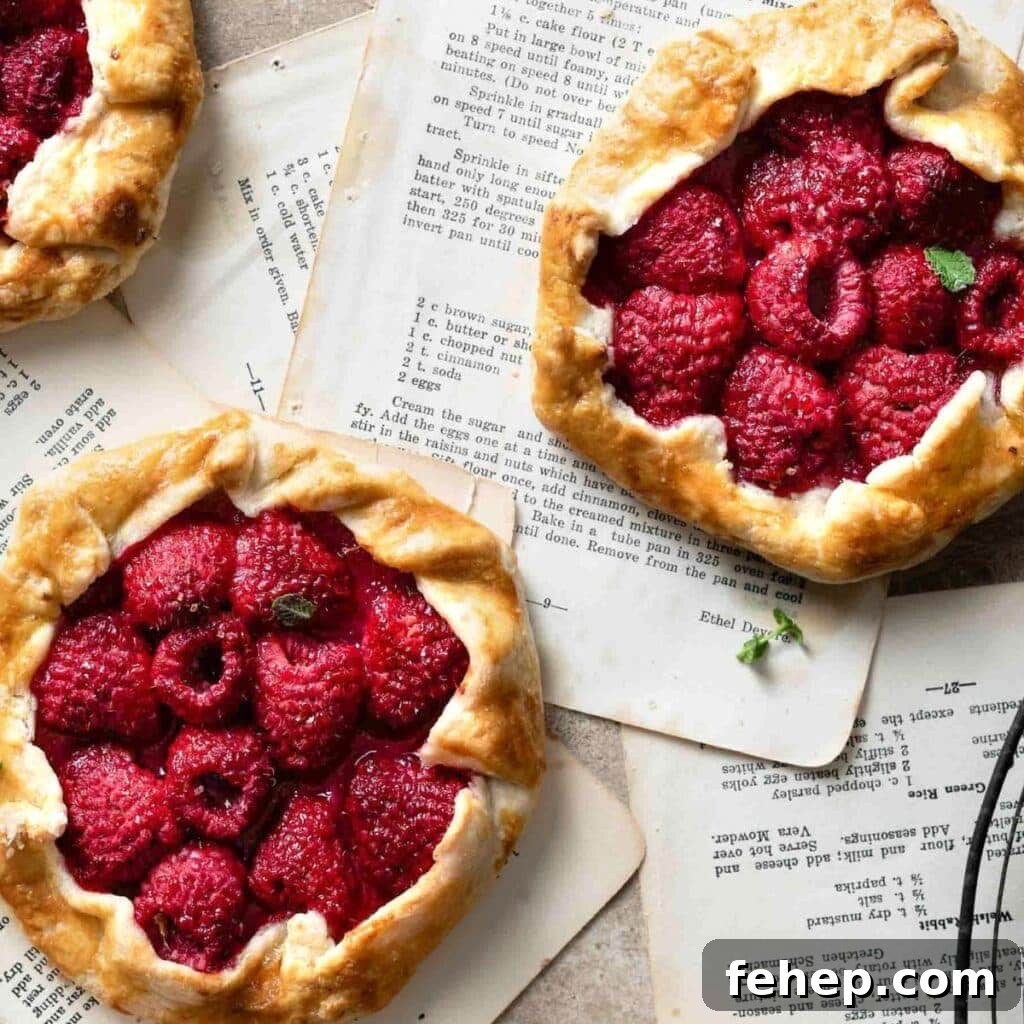 Raspberry Galette Recipe: Flaky Rustic Tarts for Summer Desserts 2 Two small open faced raspberry pies on recipe sheets.