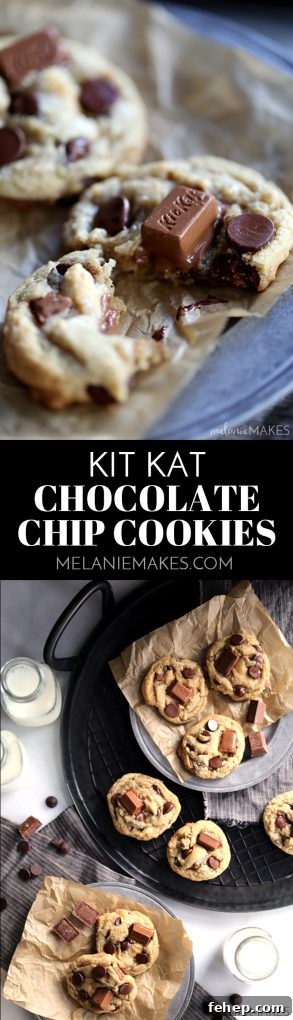 Kit Kat Chocolate Chip Cookies Recipe — Crispy Chocolate Chunk Treat 2 If you love Kit Kats, and you love chocolate, you'll no doubt adore these Kit Kat Chocolate Chip Cookies. With three cups total of both ingredients, the cookie dough itself is really just holding all the chocolate and candy together.