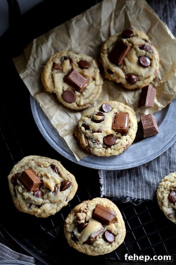 If you love Kit Kats, and you love chocolate, you'll no doubt adore these Kit Kat Chocolate Chip Cookies. With three cups total of both ingredients, the cookie dough itself is really just holding all the chocolate and candy together. If you love Kit Kats, and you love chocolate, you'll no doubt adore these Kit Kat Chocolate Chip Cookies. With three cups total of both ingredients, the cookie dough itself is really just holding all the chocolate and candy together.