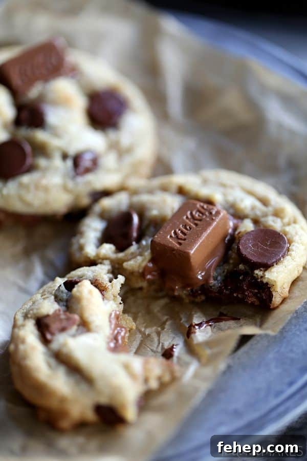 If you love Kit Kats, and you love chocolate, you'll no doubt adore these Kit Kat Chocolate Chip Cookies. With three cups total of both ingredients, the cookie dough itself is really just holding all the chocolate and candy together. If you love Kit Kats, and you love chocolate, you'll no doubt adore these Kit Kat Chocolate Chip Cookies. With three cups total of both ingredients, the cookie dough itself is really just holding all the chocolate and candy together.