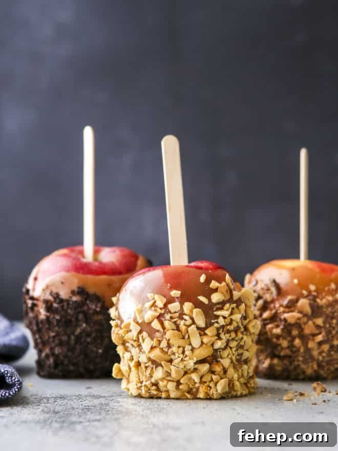 caramel apples with crushed oreos, nuts, and crushed candy bars