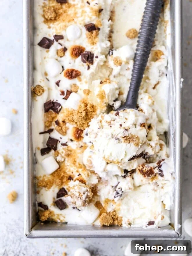 This super easy and delicious no-churn s'mores ice cream is filled with graham cracker crumble, chocolate chunks, and toasted marshmallows.