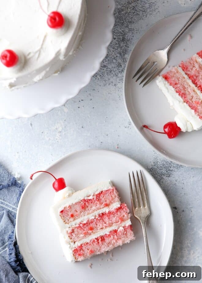 This cherry chip cake, smothered in a fluffy whipped vanilla buttercream, is a homemade version of a boxed cake mix favorite. It’s also the perfect celebration cake!