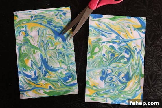 3D Paper Snowflakes: Simple Step-by-Step Folding Tutorial 5 Marbled paper cut in half for snowflake craft