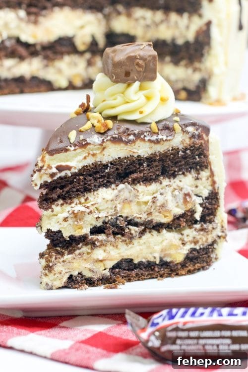 Decadent Snickers Layer Cake Recipe for Chocolate Peanut Lovers 2 a slice of chocolate cake with nougat filling and nougat filling topped with a snickers bar.