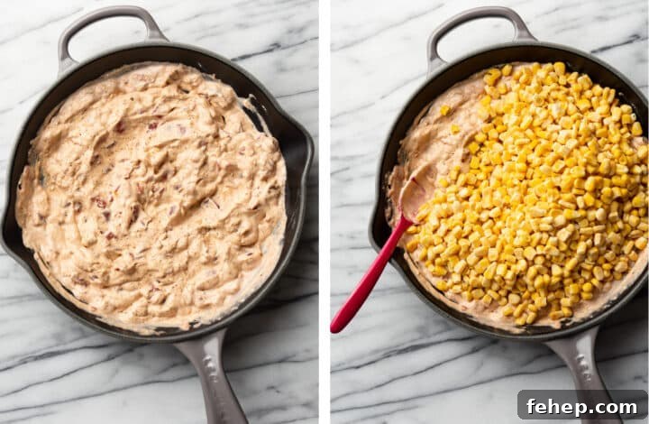 Cream Cheese Corn Dip Recipe for Parties and Game Day 4 adding corn to a skillet for rotel corn dip