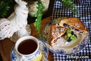 Halves of a blackberry grilled cheese stacked on a blue and white plate pictured with a white rooster, a cup of tea with lemon, and a blue and white gingham napkin.