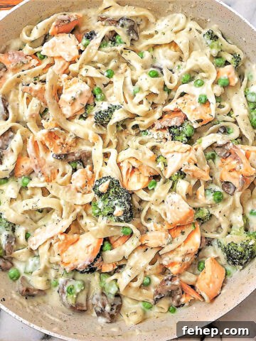 Salmon and broccoli pasta in a creamy dill sauce.