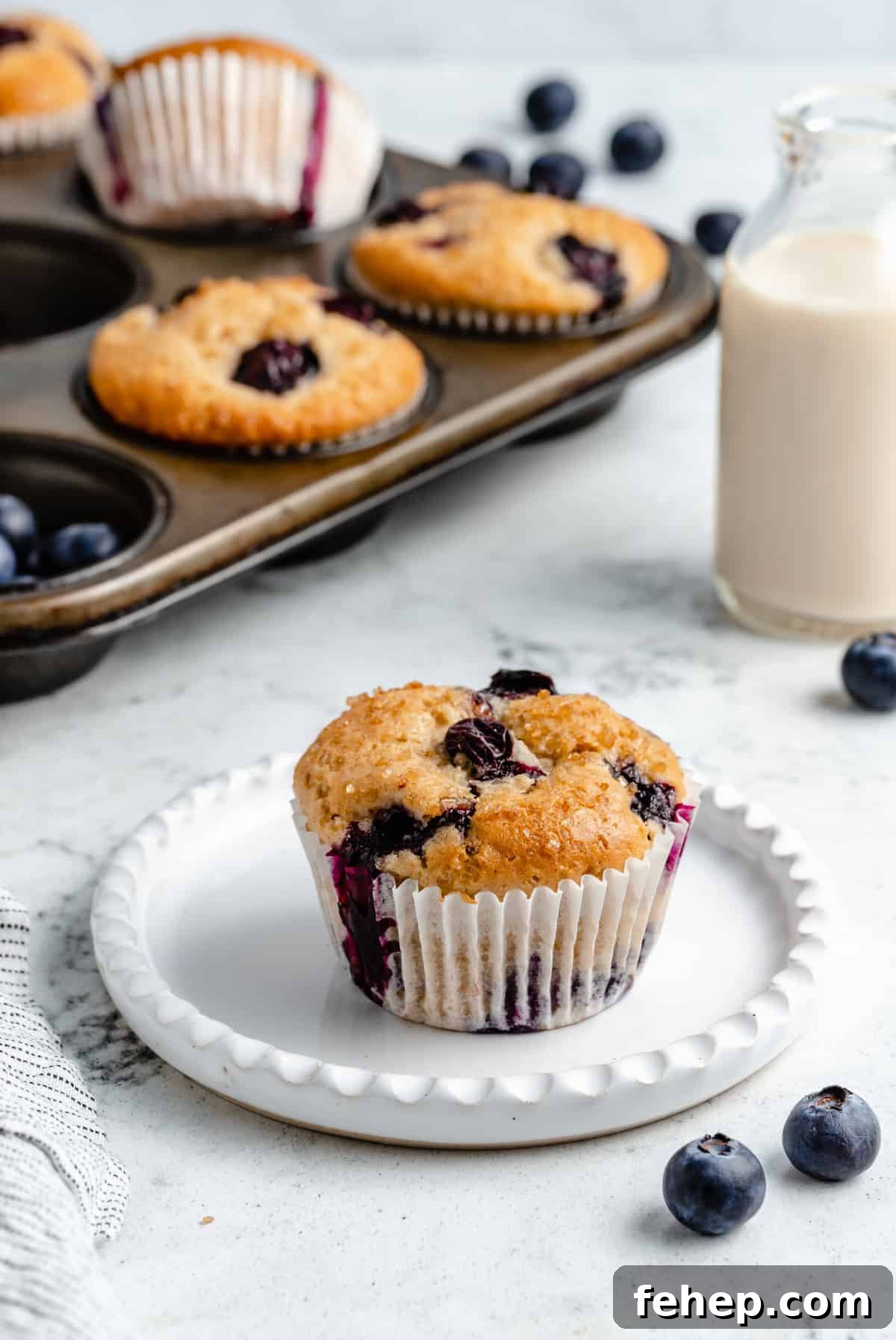 Vegan Blueberry Muffins Recipe for Moist, Fluffy Results 11 Blueberry muffin on a plate.