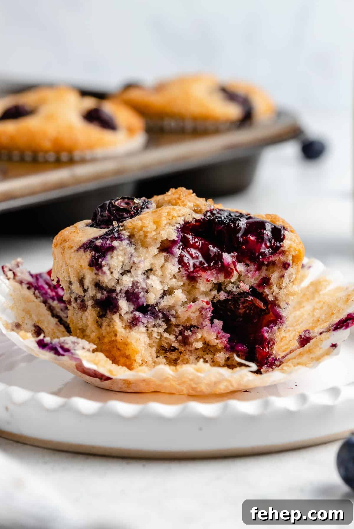 Vegan Blueberry Muffins Recipe for Moist, Fluffy Results 12 Blueberry muffin with a bite taken out of it.