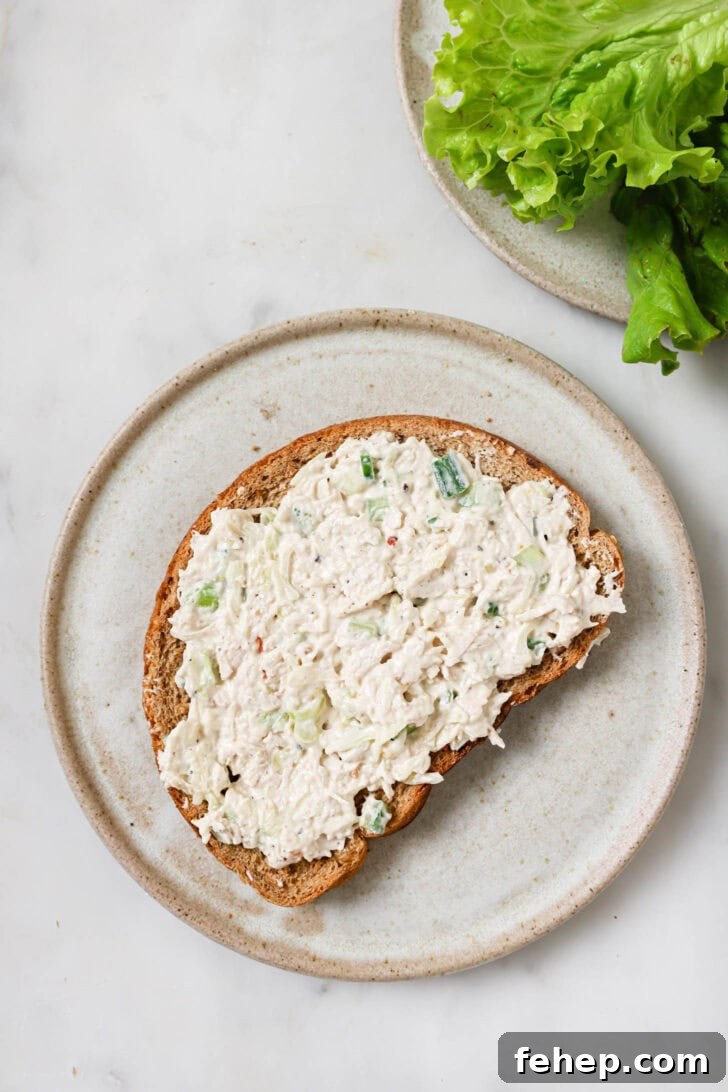 Creamy Chicken Mayo Sandwich Recipe for Balanced Flavor 3 Chicken filling spread on a piece of multigrain bread on a plate.