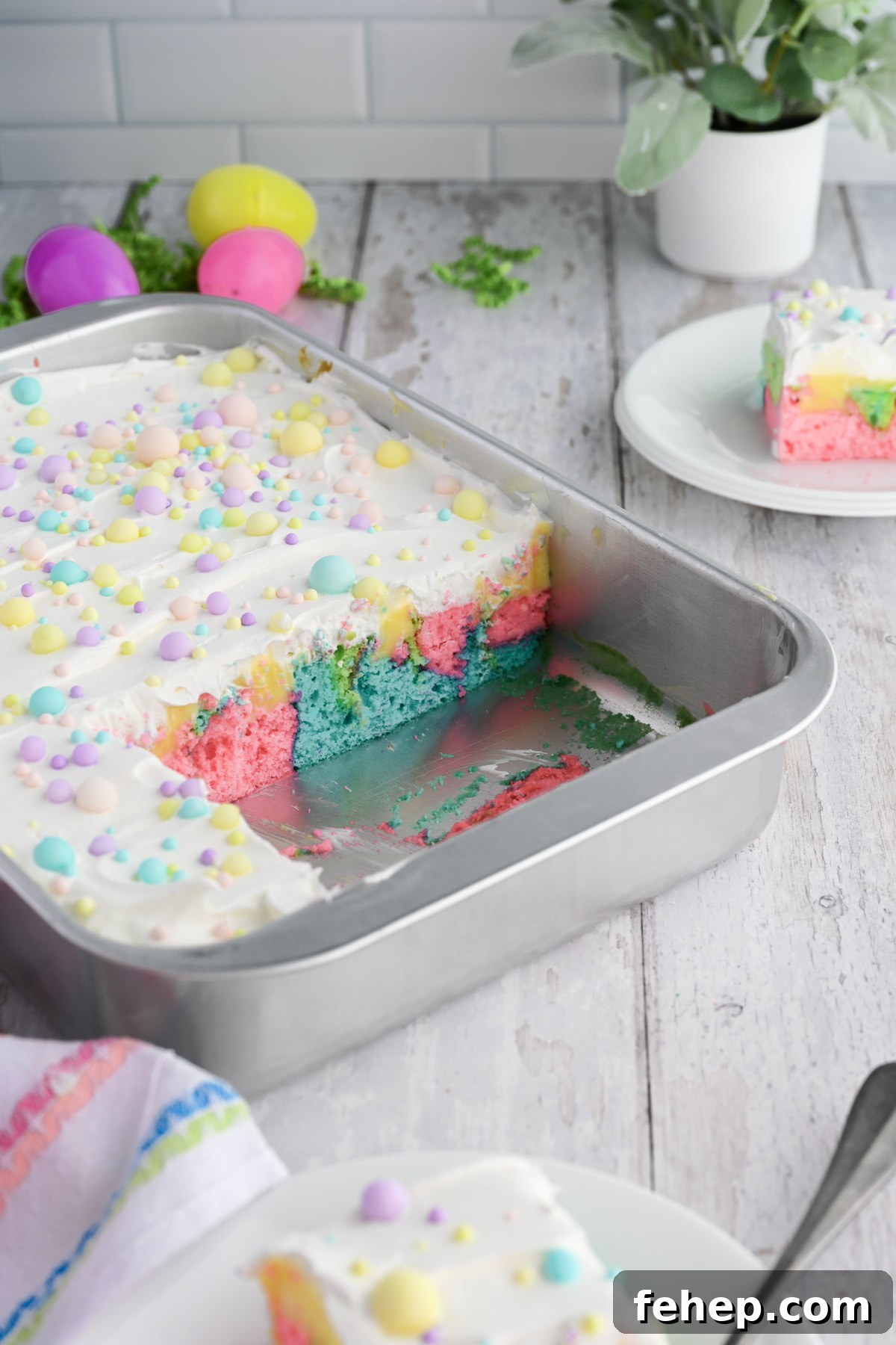 Easter poke cake in a pan.