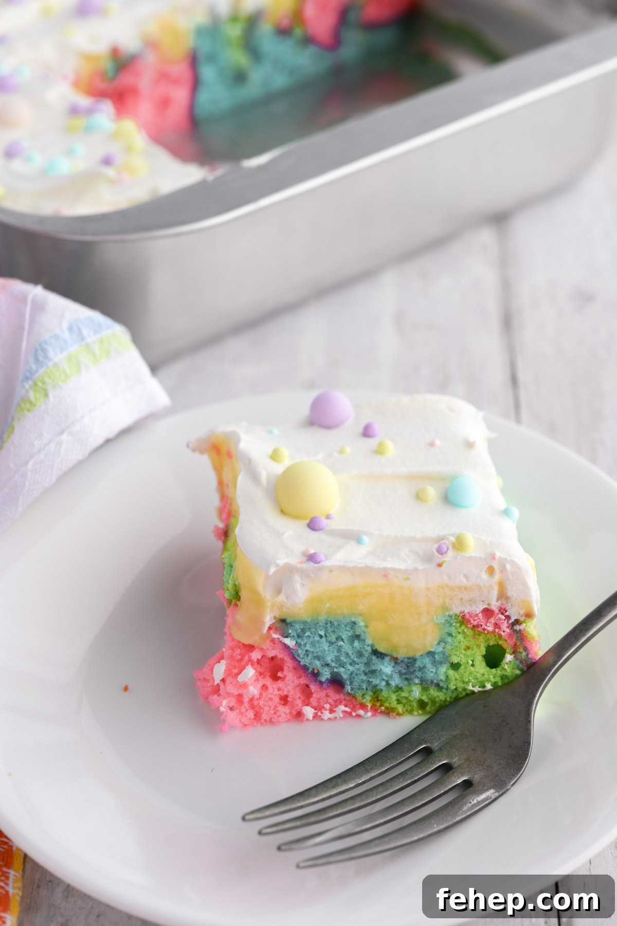 Easter poke cake in a pan.