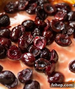 close up shot of roasted cherries in baking dish