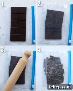 4 step by step photos showing how to smash chocolate