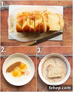 3 step by step photos showing how to prepare French toast