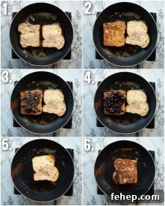 6 step by step photos showing how to make French toast sandwiches
