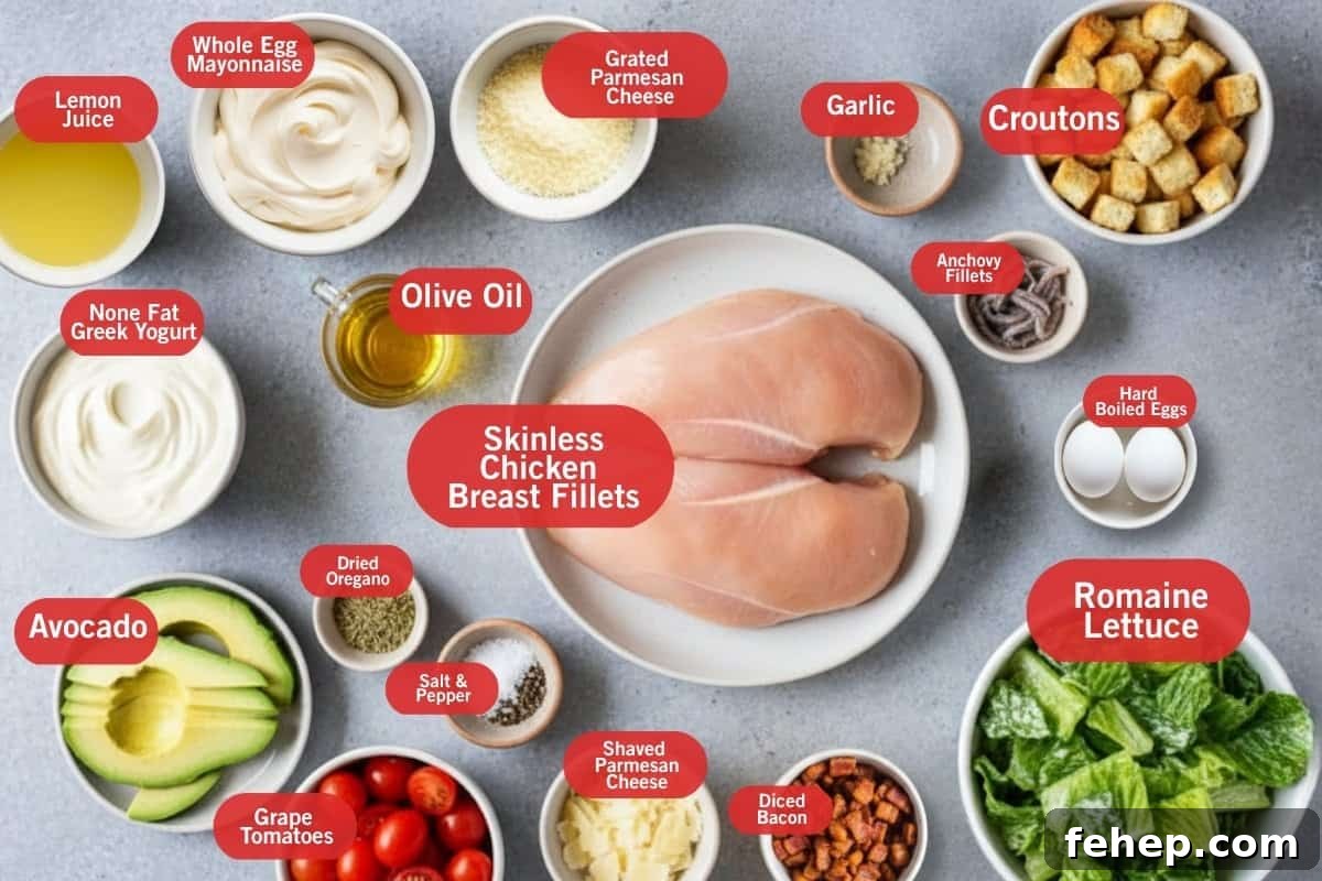 Flat lay photo of lemon juice, whole egg mayonnaise, grated parmesan cheese, garlic, croutons, anchovy fillets, hard boiled eggs, romaine lettuce, diced bacon, shaved parmesan cheese, grape tomatoes, salt and pepper, dried oregano, avocado, skinless chicken breast fillets, olive oil