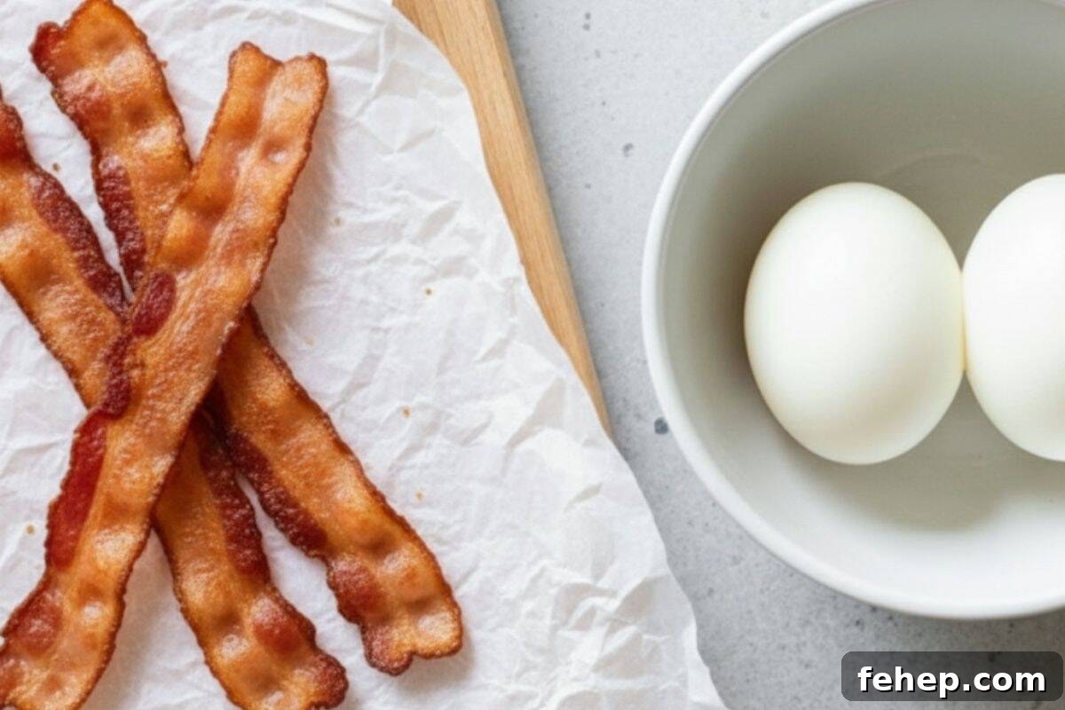 Fry the bacon until crisp and set aside. Boil the eggs until hard-cooked, cool slightly, then peel and slice.