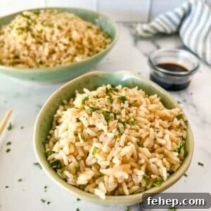 Perfectly Fluffy Brown Basmati Rice in the Instant Pot 7 a square image of two bowls with cooked brown basmati rice.