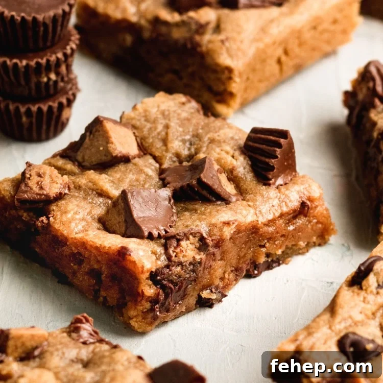 Chewy Peanut Butter Blondies Recipe with Melted Peanut Swirl 7 a blondie with peanut butter cups on top