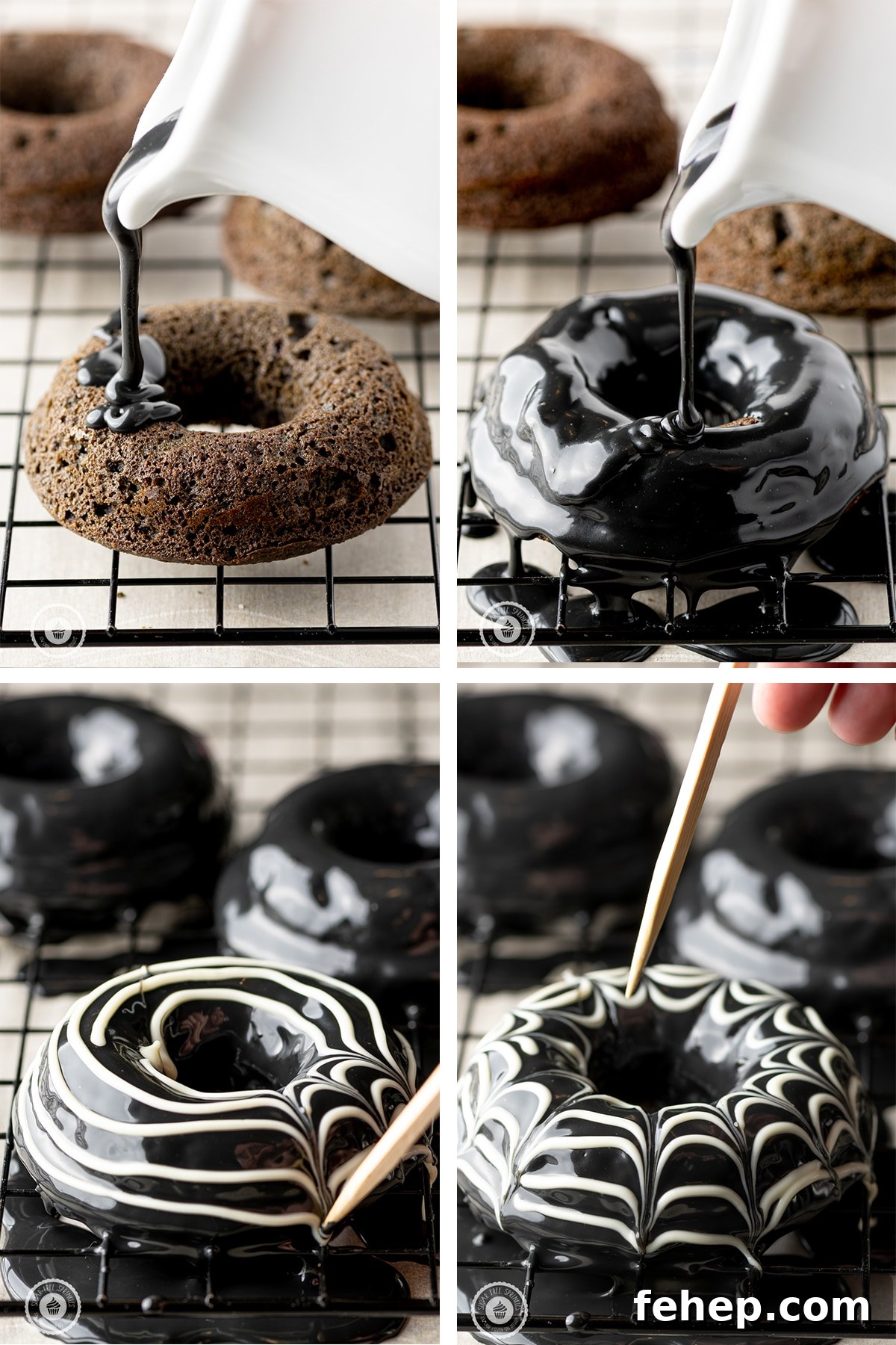 Keto Chocolate-Glazed Donuts for Halloween Treats 6 four panel image showing a chocolate donut being coated with black ganache and white spiral spider web
